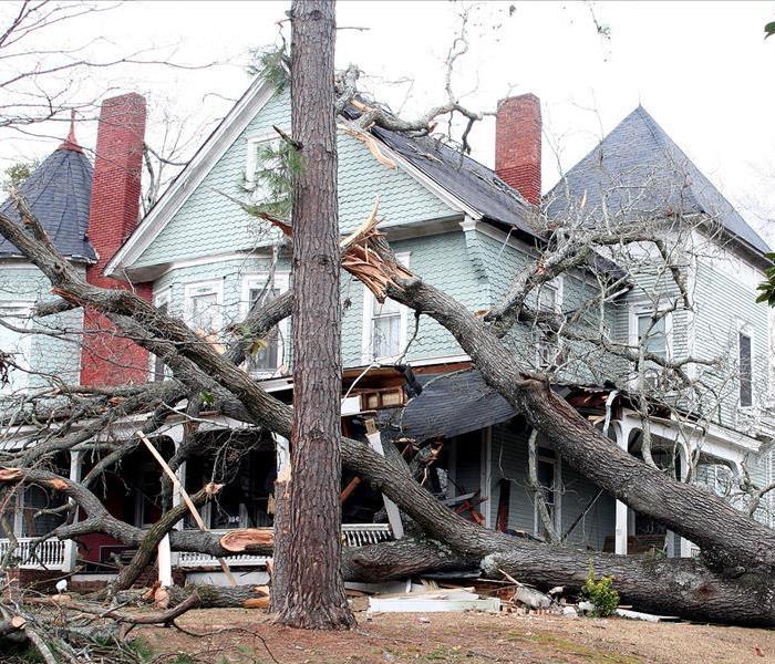 Storm damage causes tree to fall on home